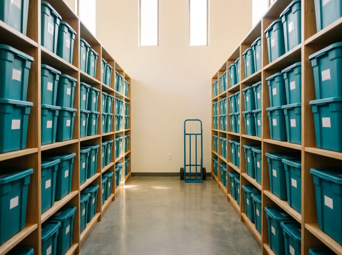 Inside the climate-controlled Caboodle Depot: labeled teal bins in organized rows