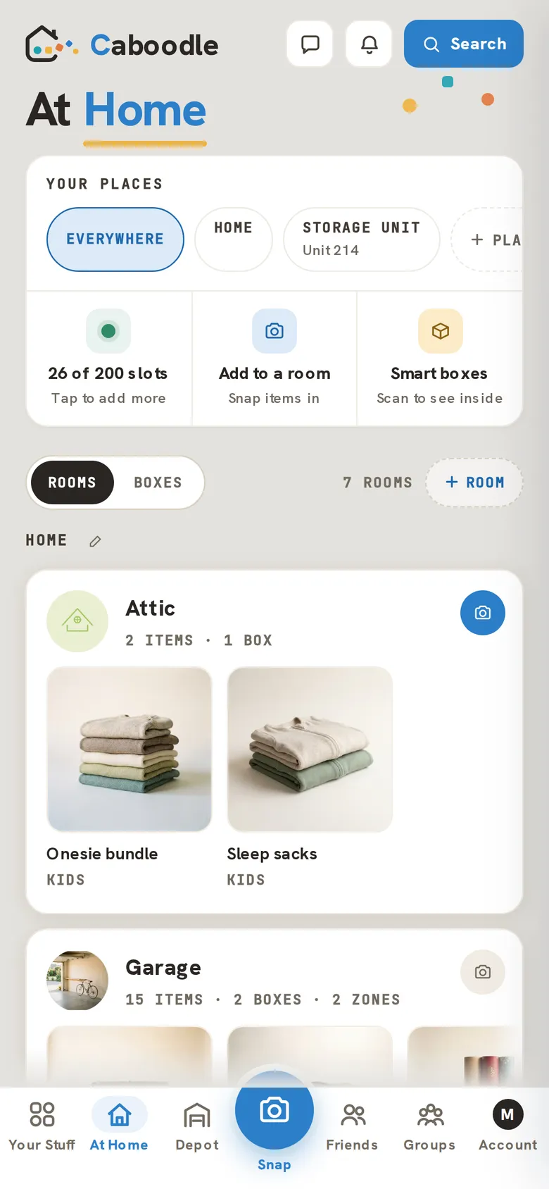 The At Home hub: rooms with photos, places, boxes, and the item allowance meter