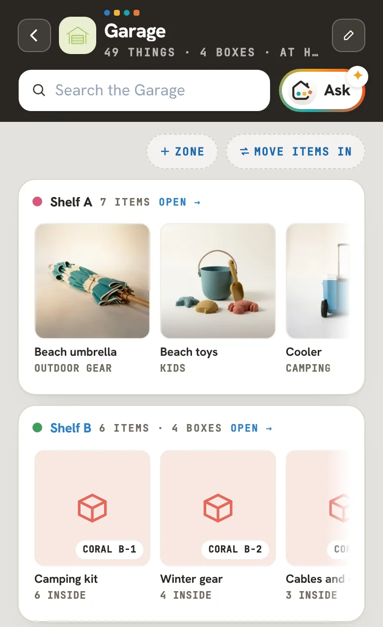 The Garage in Caboodle, 49 things · 4 boxes, with Search the Garage and Ask at the top, + Zone and Move items in, then its zones as cards: one holding the beach umbrella, the beach toys and the cooler, the next its Camping kit, Winter gear and Cables and chargers boxes