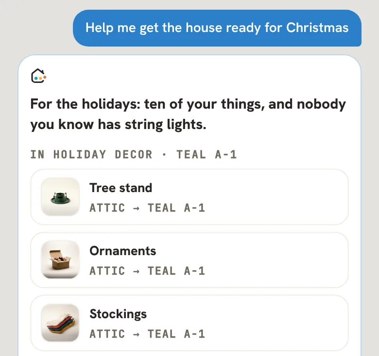 Ask Caboodle: Help me get the house ready for Christmas. For the holidays: ten of your things, and nobody you know has string lights. In Holiday decor · Teal A-1: the tree stand, the ornaments, the stockings, each in the Attic