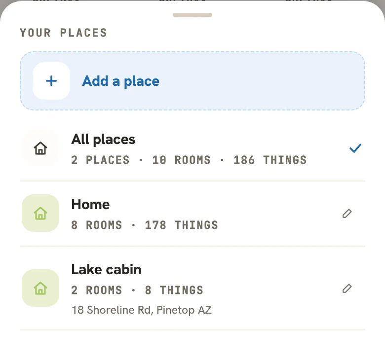 Your places in Caboodle: All places, 2 places · 10 rooms · 173 things; Home, 8 rooms; Lake cabin, 2 rooms; and Add a place: a cabin, a rental, a storage unit