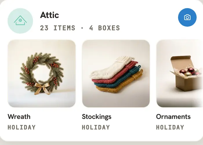 At Home in Caboodle: the Attic with its things, the wreath, the stockings and the ornaments