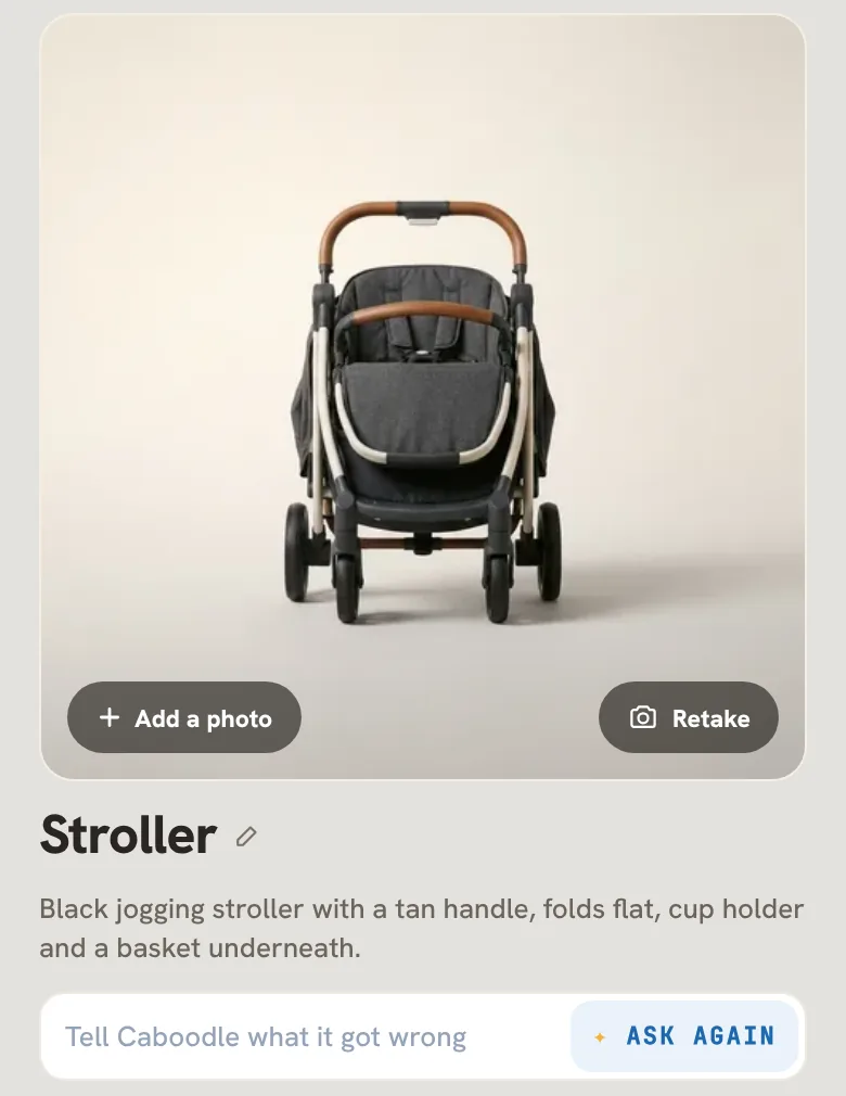 A thing's page in Caboodle: the stroller's photo with Add a photo and Retake on it, its name, the description Caboodle wrote, and Tell Caboodle what it got wrong