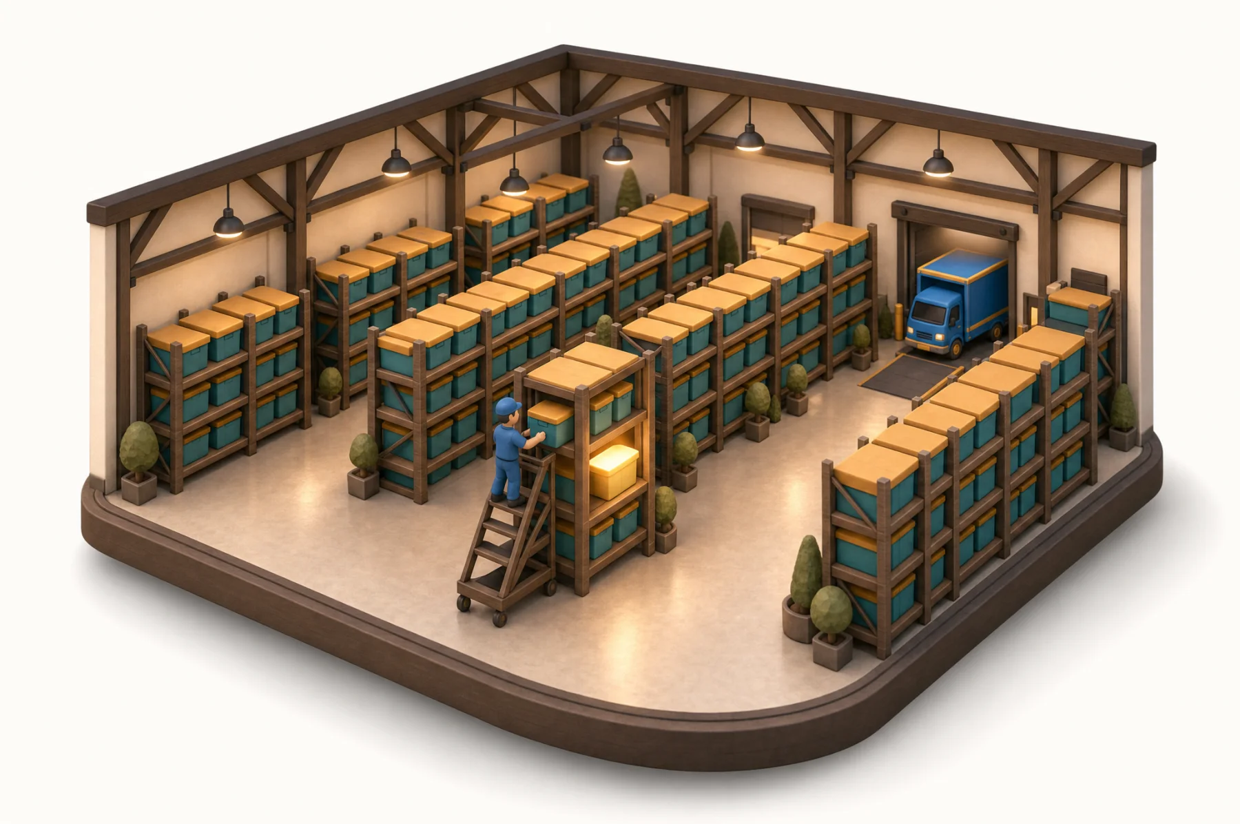 The Caboodle Depot, drawn: shelves of bins and the blue truck at the dock